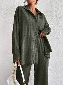 EMERY ROSE 落肩袖襯衫&闊腿褲 - 軍綠色 - 查看 3