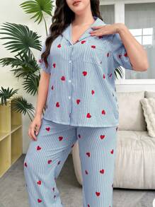 SHEIN Blue Striped Heart Print Lapel Short Sleeve Top & Long Pants Plus Size Pajama Set - Multicolor - View 6