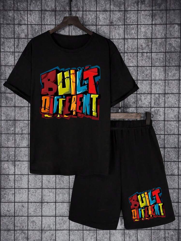 Young Boy Basic Short Sleeve T-Shirt + Black Shorts Set - Multi-Color, School, Campus, College Summer Holiday - Black - View 1