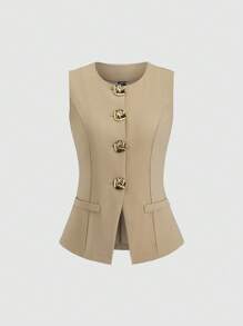 Sweetra French Minimalist Sleeveless Lightweight Women's Blazer Jacket With Metal Buttons - Khaki - View 1