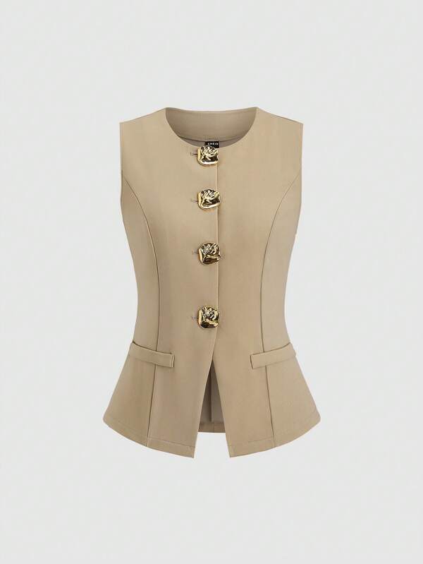 Sweetra Blazer ligero sin mangas estilo minimalista francés de mujer con botones metálicos