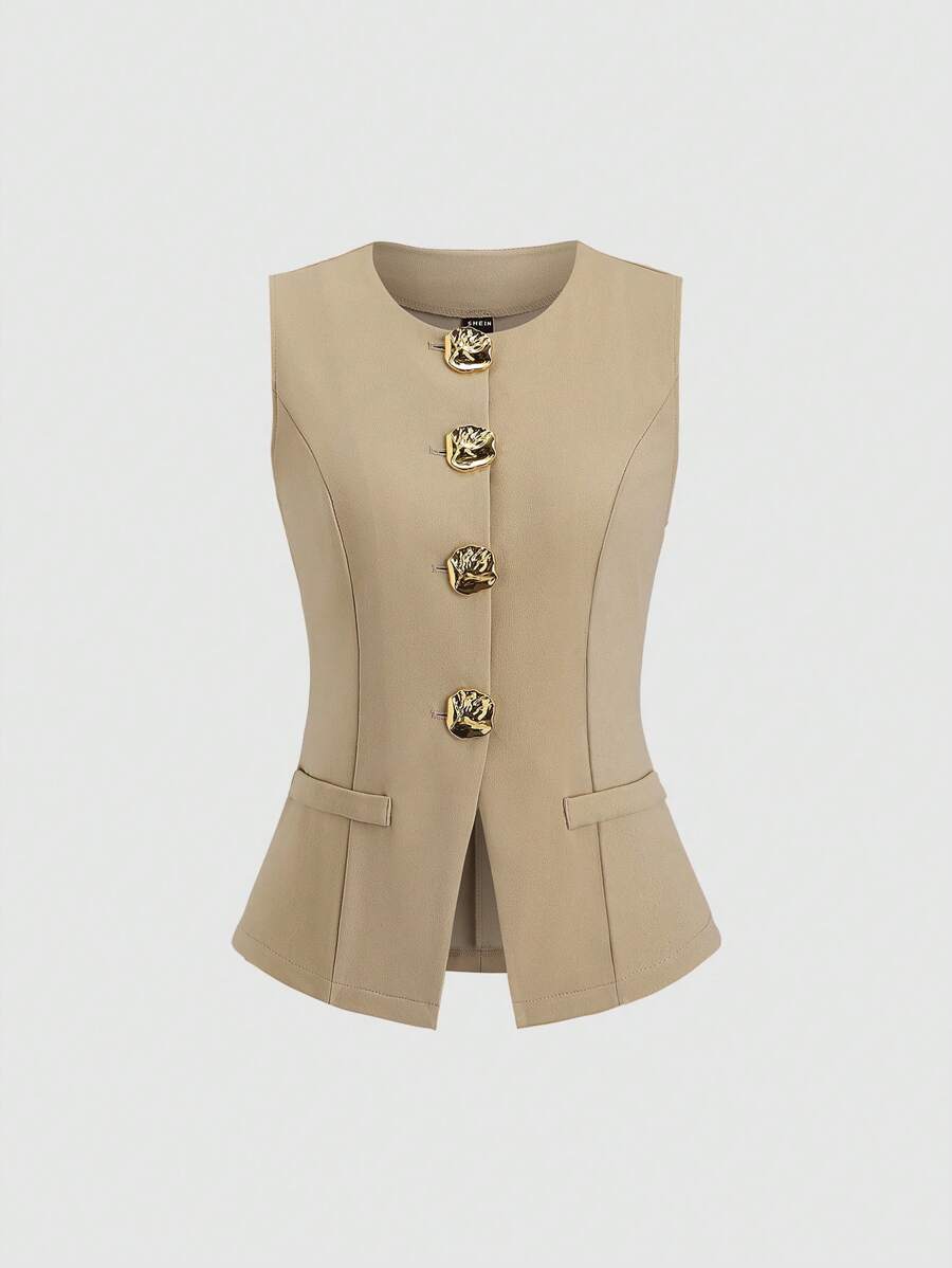 Sweetra French Minimalist Sleeveless Lightweight Women's Blazer Jacket With Metal Buttons - Khaki - View 1