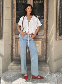 SHEIN Frenchy 女士度假风系带印花刺绣短袖休闲衬衫