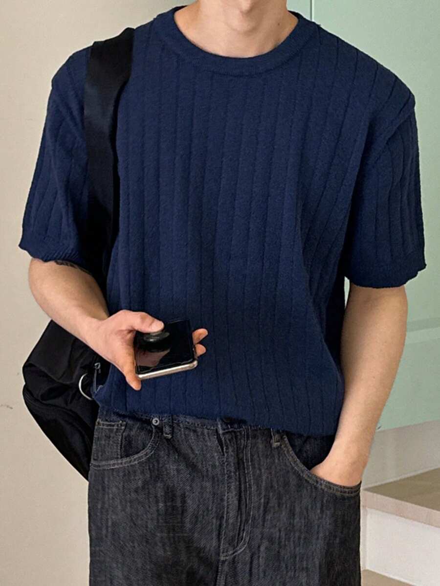 DAZY Men's Casual Solid Color Knitting Sweater For Summer - Navy Blue - View 1