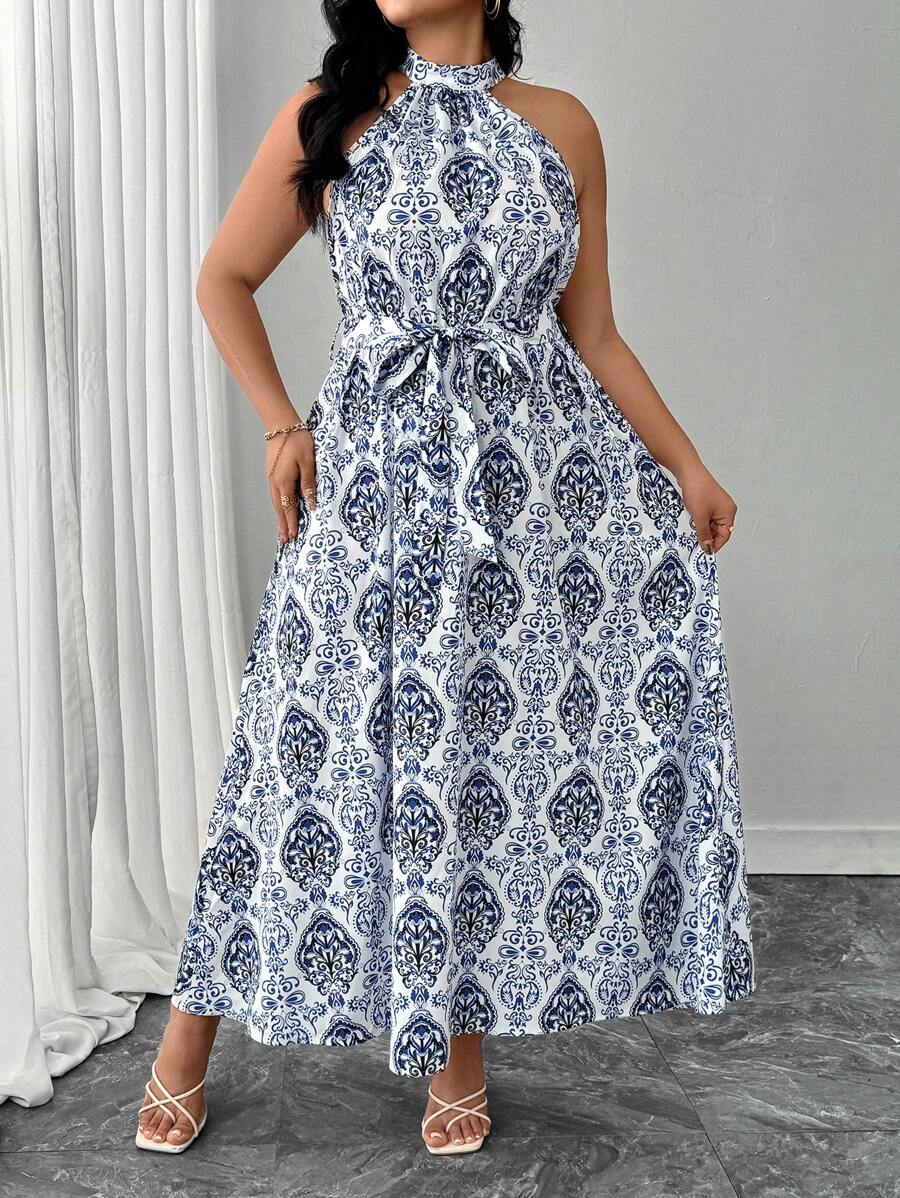 Elenzga Elegant Patterned Plus Size Dress, Spring/Summer - Blue - View 1