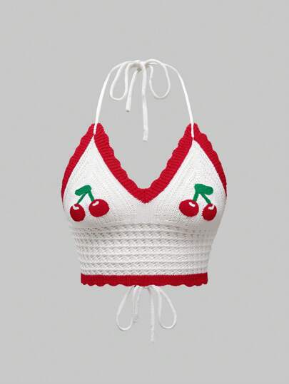Sweetness Neck-Tied, Solid Color Patchwork Crochet Cute Cherry Knit Blouse