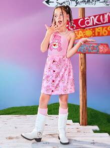 SHEIN X Care Bears Tween Girl Cute Pink Heart Bear Print Cami Top And A-Line Skirt 2 Pieces Set - Pink - View 5