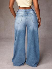 SHEIN ICON Quần Jeans Ống Rộng Rộng Mặc Thường Ngày Cho Nữ - Màu xanh nhạt - Xem 3