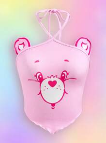 SHEIN X Care Bears Crop top rosa lindo con diseño de osos alegres y emojis, con parches de orejas 3D, de alta elasticidad, para conciertos, primavera y verano