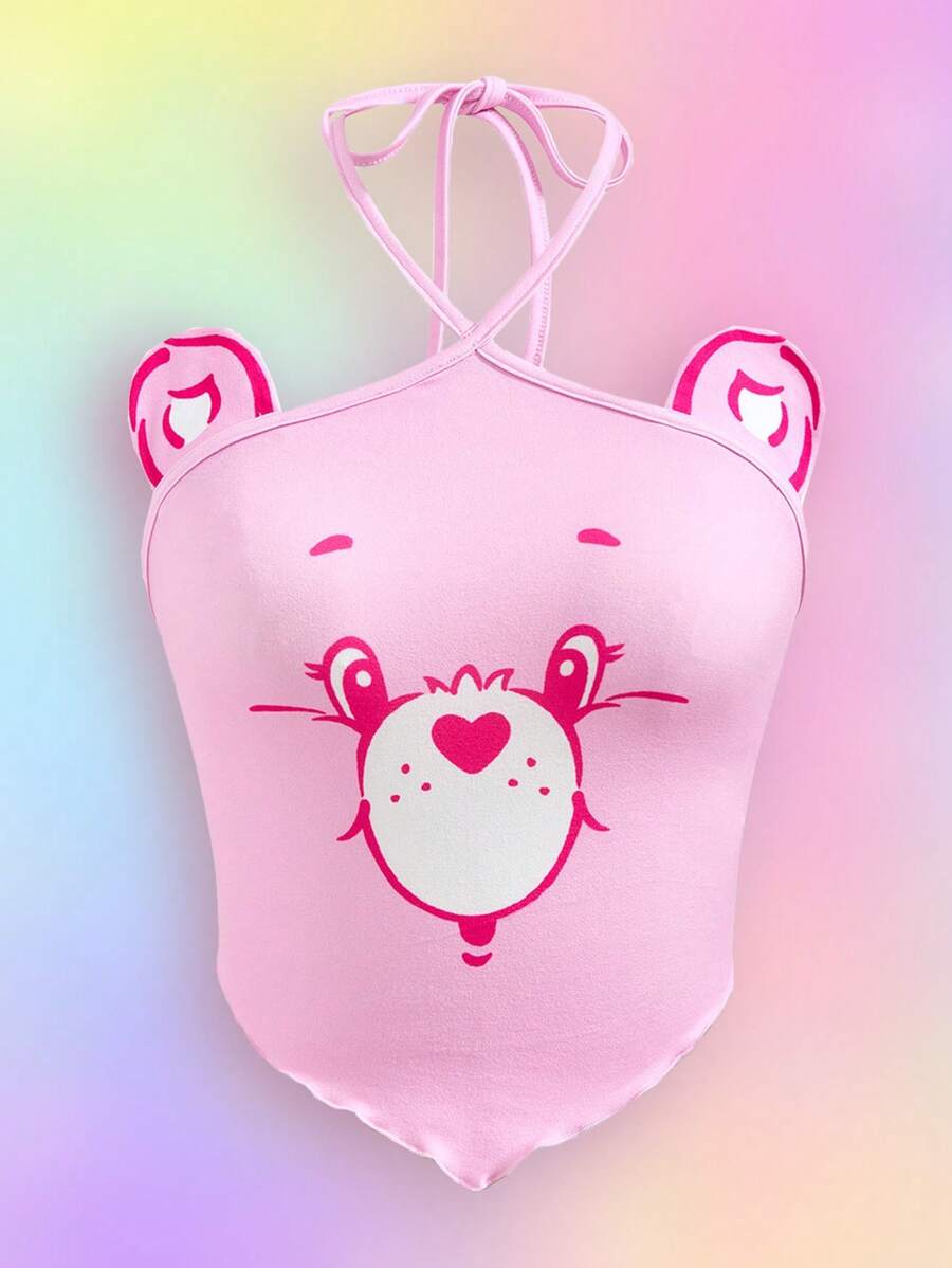SHEIN X Care Bears Crop top rosa lindo con diseño de osos alegres y emojis, con parches de orejas 3D, de alta elasticidad, para conciertos, primavera y verano