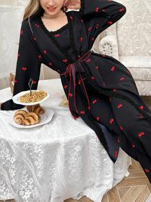 CottageSlumber 3pcs Women's Cherry Printed Robe Set With Contrast Lace Trim Holiday Season, Bountiful Floral Splendor, Fall Winter Clothes Cozy And Elegant Details - Black - View 5