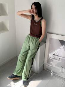 DAZY 2 件套青少年女孩字母印花吊带背心和短裤休闲套装，女孩夏季服装，返校服装 - 綠色 - 查看 5