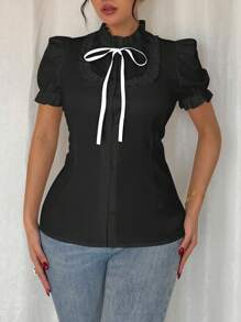 Chiquease Ruffled Cuff Elastic Hem Bowknot Blouse - Black - View 3