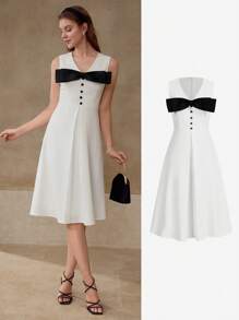 MOTF BOW DECOR FOLD PLEATED DRESS - White - View 7