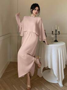 DAZY 女士雪纺中长款派对连衣裙，春秋季优雅长袖连衣裙 - 卡其色 - 查看 7