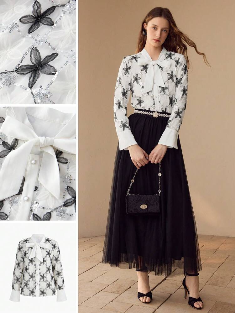 CONTRAST SEQUIN BUTTON UP BLOUSE