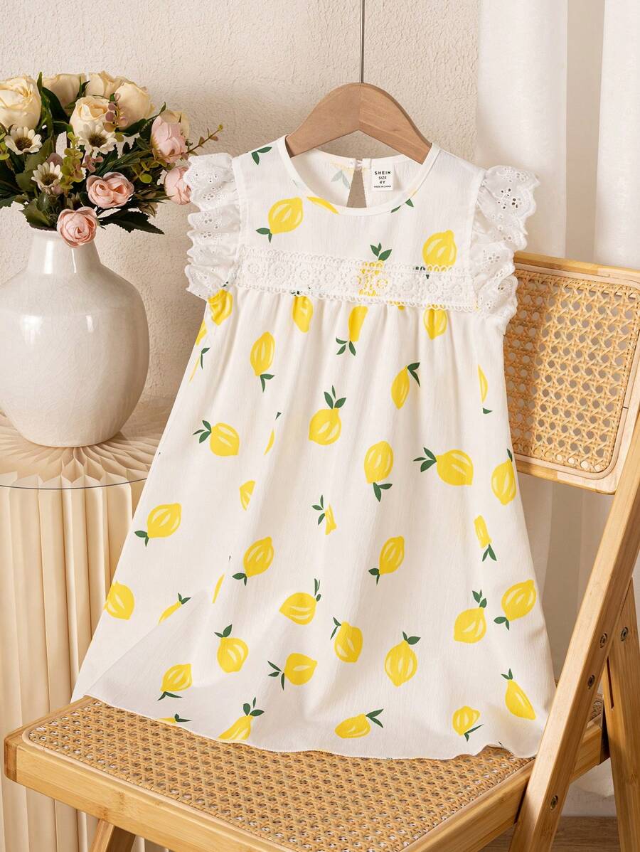 SHEIN Vintaside Kids Young Girl Lemon Print Pattern Ruffle Trim Cap Sleeve Dress - Multicolor - View 1
