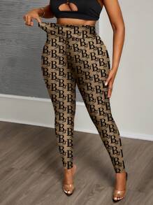 Slaydiva Casual Minimalist Full Print Classic Letter & Floral Pattern Plus Size Leggings - White - View 5