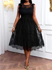 Fleurora Vestido elegante de manga dolman con cuello redondo y encaje de contraste para mujer talla grande