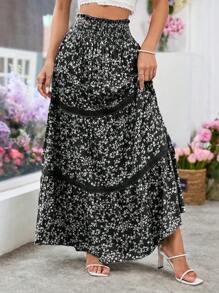 Breezaya 女式度假碎花撞色蕾丝下摆超长蛋糕裙女式半身裙女式长裙女式长裙波西米亚风半身裙 - 黑色 - 查看 4