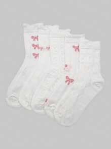 ROMWE Kawaii 5pairs Women Bow Pattern Crew Socks - White - View 1
