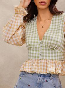WESTFADE Spring Colorblock Gingham Checkered Plaid V Neck Button Front Long Sleeve Ruffle Peplum Western Cowgirl Top Summer Casual Beach Vacation