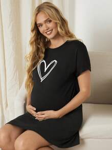 SHEIN 孕妇心形设计简约时尚连衣裙，适合夏季 - 黑色 - 查看 3