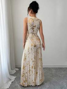 Chiquease 女士优雅金箔翻领双排扣短袖收褶阔腿连体裤，春夏 - 杏色 - 查看 2