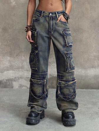 Grunge Punk Jeans de mujer de pierna ancha y ajuste suelto desgastados, estilo callejero punk
