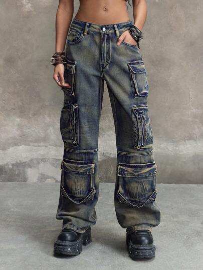 Grunge Punk Jeans anchos de mujer con ajuste holgado y efecto desgastado, estilo punk callejero