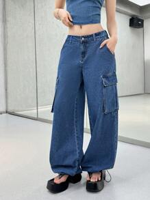 SHEIN EZwear Women's Ultra Low Rise Cargo Pants, Blue - Dark Wash - View 1