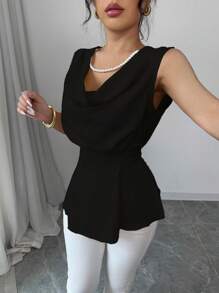 Gloray Camicetta elegante e di moda con scollo a cascata, top con balze, colore unito