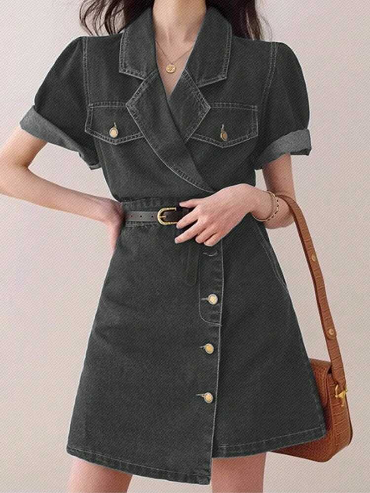 Women Casual Washed Denim Wrap Dress Women Clothes Work Summer Dresses Women Summer Clothing Women Short Dresses Summer Summer Clothes