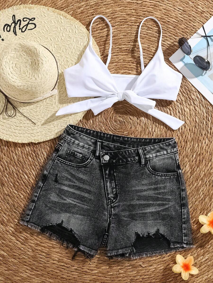 Soleia Shorts vaqueros para mujer, shorts ajustados casuales de vacaciones, shorts occidentales de verano de estilo rave festival Y2K negros para shorts negros de verano, shorts vaqueros para mujer, shorts de culo alto de cintura alta - Negro - Ver 1