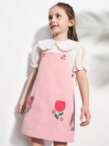 SHEIN Young Girl Floral Embroidered Pinafore Dress - Multicolor - View 4