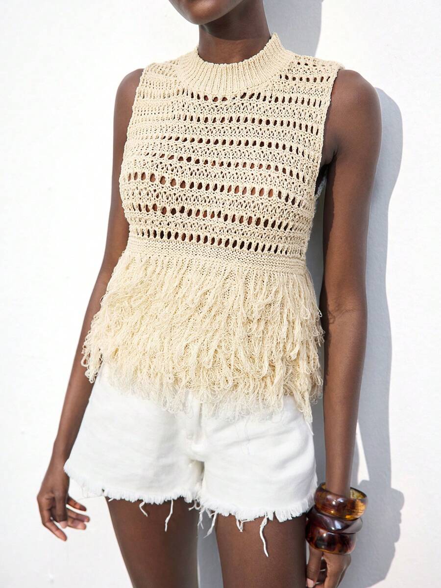 Maija Blusa de punto casual sin mangas de cuello redondo de unicolor albaricoque con flecos, calada, estilo bohemio para playa y vacaciones - Albaricoque - Ver 1