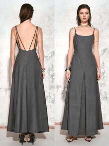 Chiquease Women's Striped Backless Spaghetti Strap Maxi Dress For Spring&Summer,Summer Outfits For Women,Sexy Dress,Vacation Outfits - Grey - View 1