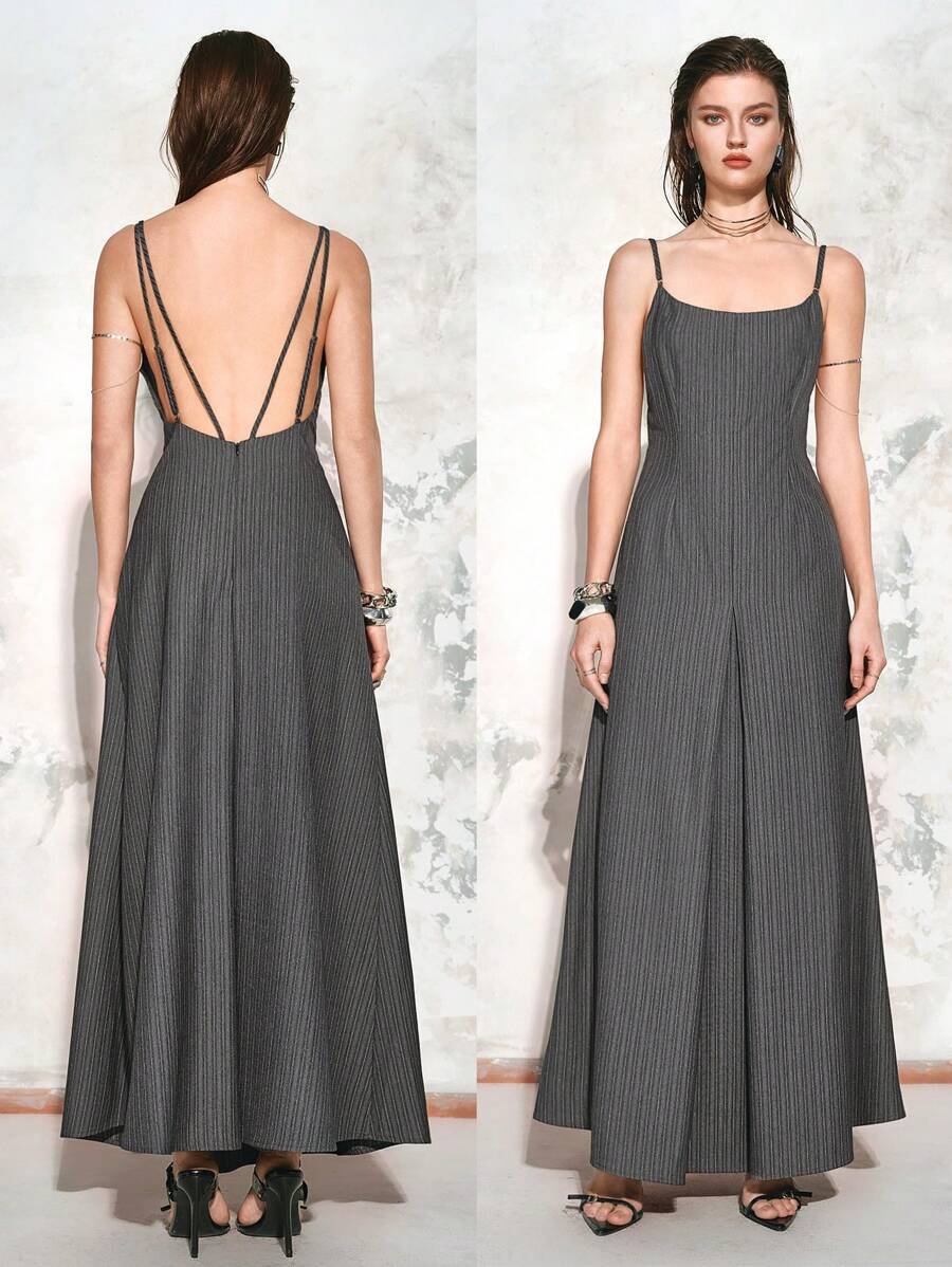 Chiquease Women's Striped Backless Spaghetti Strap Maxi Dress For Spring&Summer,Summer Outfits For Women,Sexy Dress,Vacation Outfits - Grey - View 1