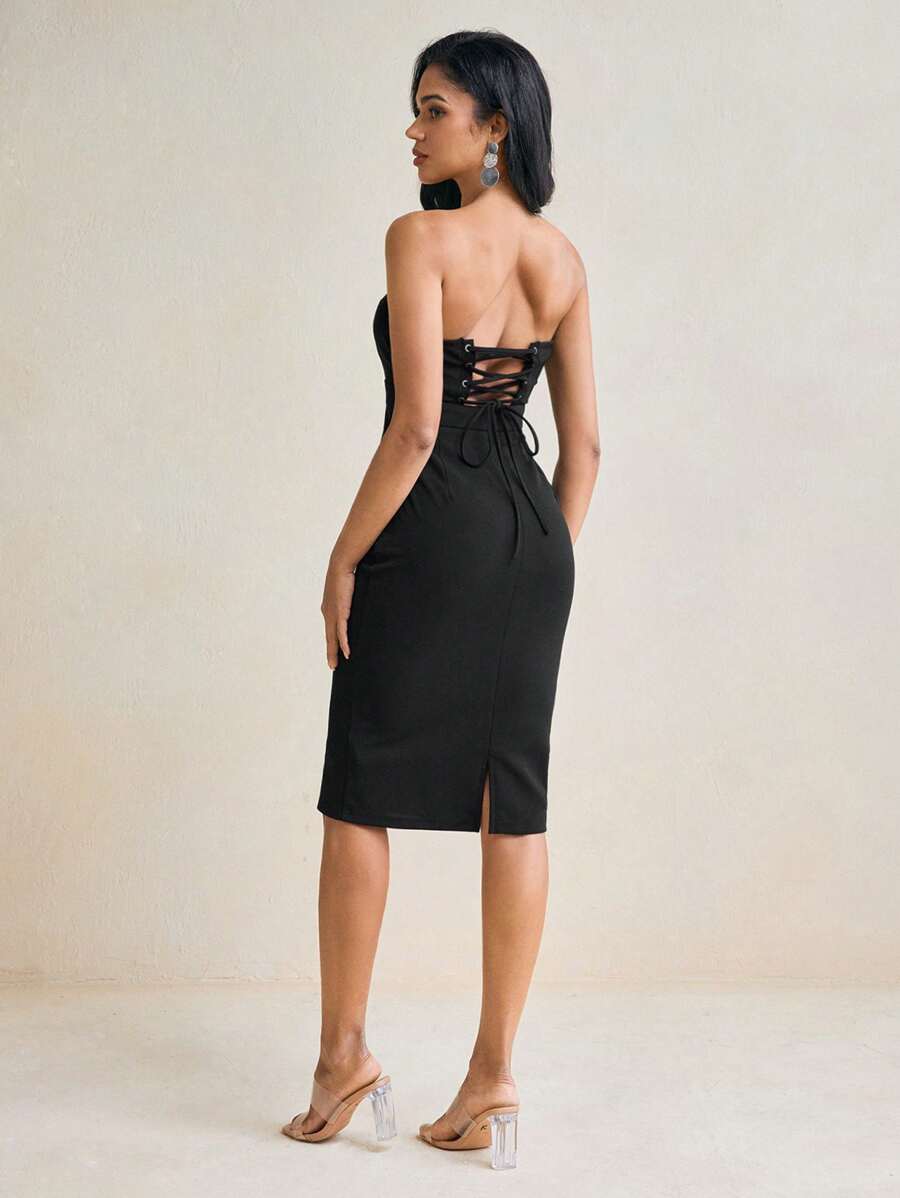 Ella Moore Schwarzes einfarbiges Kleid im Korsett-Stil mit Schnürung, wadenlang, trägerlos, Midi-Länge, sexy, für Rave, Abiball