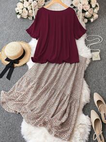 EMERY ROSE Plus Size 2pcs Outfit: Solid Color Round Neck Short Sleeve T-Shirt And Skirt - Multicolor - View 2