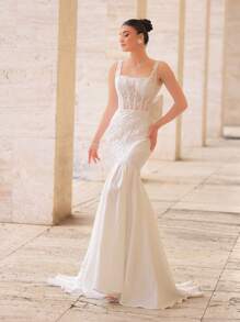 Glamrae 优雅奢华刺绣亮片系带缎面美人鱼裙，配有可拆卸大蝴蝶结拖尾，适合婚礼、派对、舞会、度假、婚纱、新娘 - 米色 - 查看 6