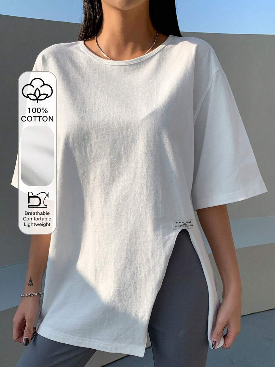 DAZY Solid Split Hem Patched Drop Shoulder Tee - White - View 1