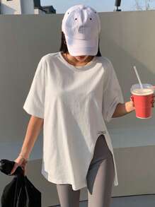 DAZY Solid Split Hem Patched Drop Shoulder Tee - White - View 7