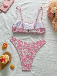 Swim Mod Conjunto de bikini de estampado floral sexy casual de vacaciones para mujer, ropa de playa - Rosa - Ver 2