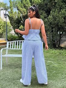 SHEIN EZwear 2 件大码夏季休闲度假露肩条纹系带短款吊带背心上衣和高腰阔腿条纹裤套装 - 淺藍色 - 查看 2