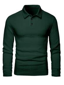 Manfinity Homme 男士提花面料纽扣门襟长袖 Polo 衫，春秋，白色纽扣男士 Polo 衫 - 墨綠色 - 查看 3