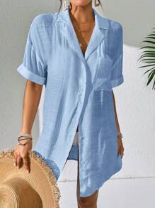 SHEIN Swim Women Simple Solid Color Short Sleeve Kimono Cover Up,Summer Beach Beach Outfit For Womenbeach Cover Up Womenlong Shirtbeach Shirt