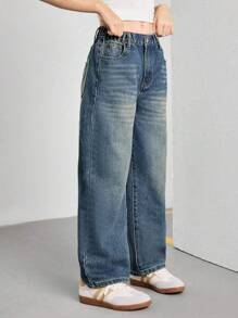 SHEIN Explorewe Streetcool Tween Girls Vintage Loose Wide Leg Jeans, Casual Straight Leg Denim Pants - Dark Wash - View 8