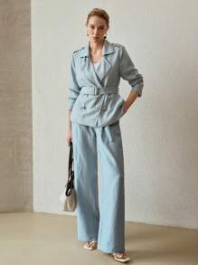 MOTF PREMIUM PANTALONES CON BOLSILLO INCLINADO Y PLIEGUES PLEGADOS DE LINO - Azul - Ver 6