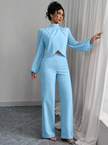 Chiquease Conjunto feminino de 2 peças, gola falsa, bainha assimétrica, manga lanterna - Azul - Ver 6